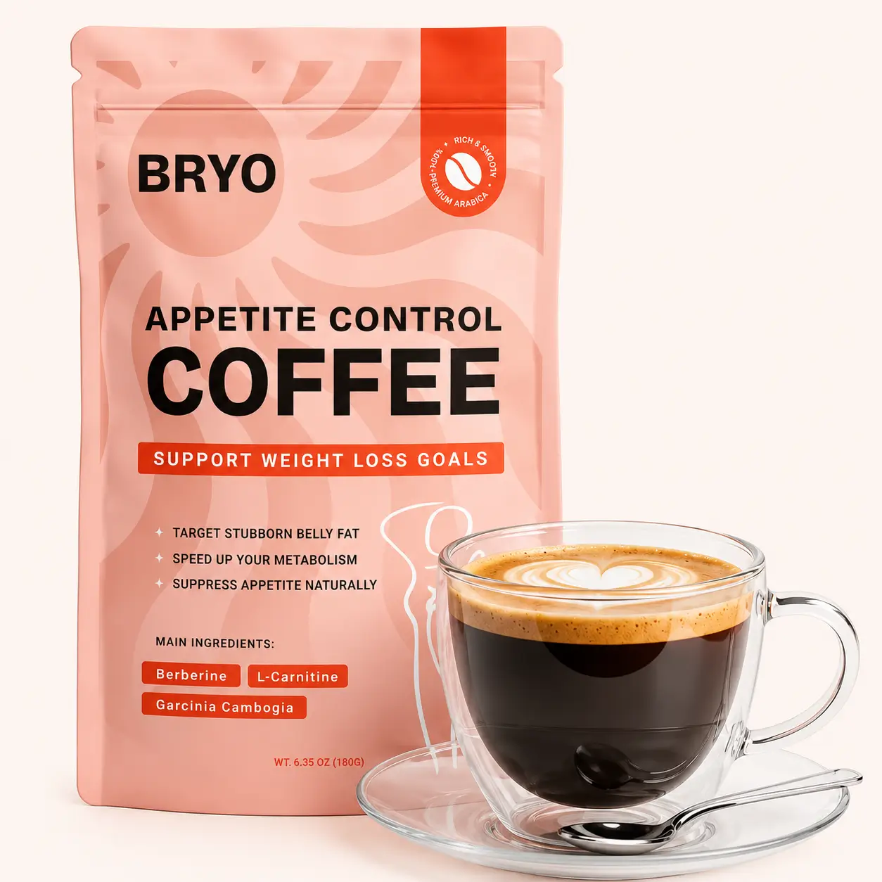 BRYO Appetite Control Coffee pouch with a fresh cup of coffee